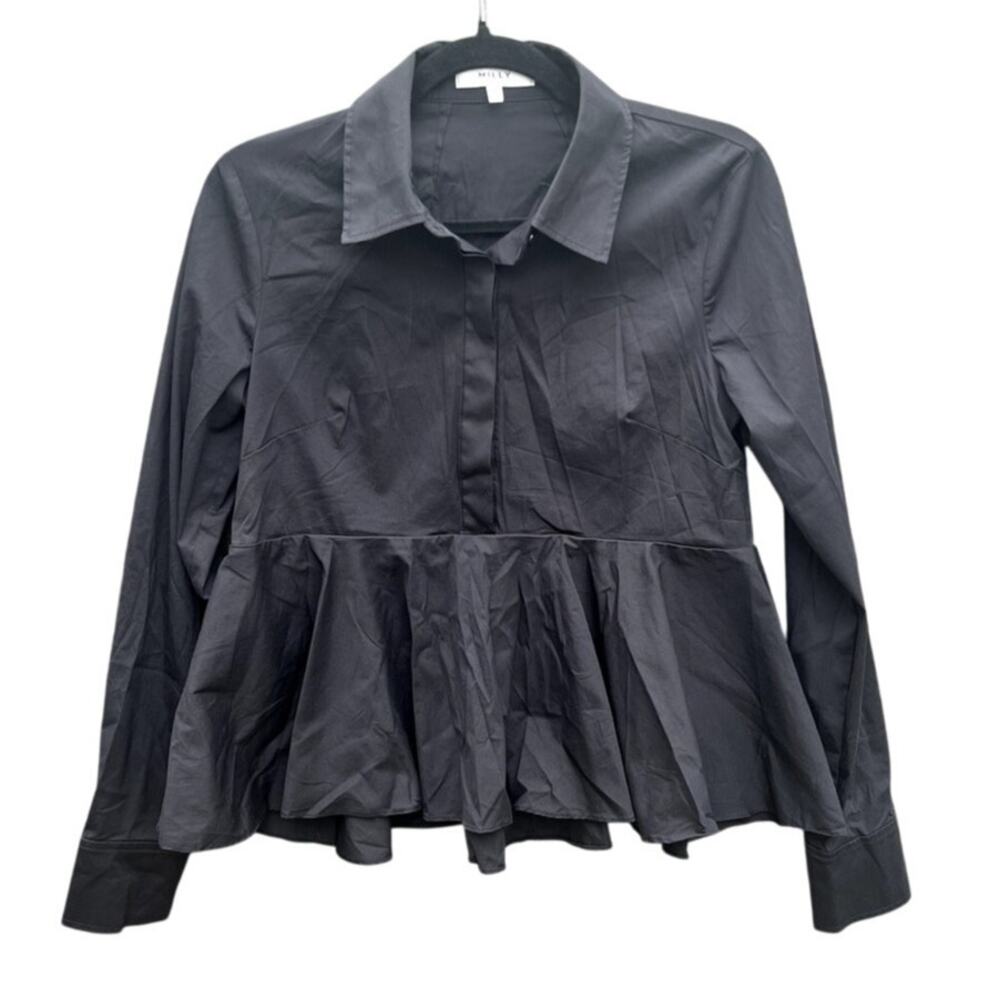 Milly | Stretch Poplin Swing Tunic Peplum Button Down Shirt Top Black Size 2